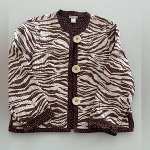 Patty Kim Jacket Size Large Brown White Animal Reversible 3/4 Sleeve Quilted
